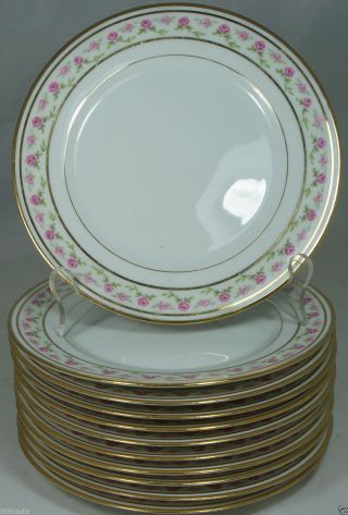 Vintage Limoges Salad Plate,  7 1/4 " Set Of 11 White,  Gold Rim,  Pink Rose Garland