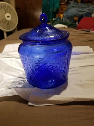 Rare Authentic Hazel Atlas Royal Lace Cobalt Blue Depression Cookie Jar/lid