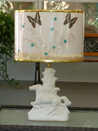 Vintage Van Briggle Pottery White Horse Lamp & Shade Very Good Cond.