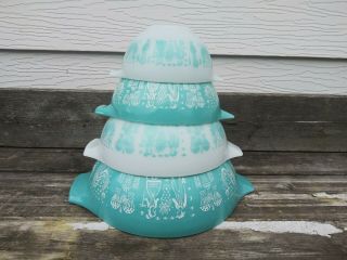 4 Vtg Pyrex Turquoise White Amish Butterprint Stacking Cinderella Mixing Bowls