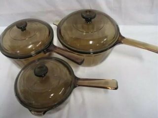 Corning Ware Visions Amber Cookware 6 Piece Set Saucepans 1,  1.  5,  2.  5 L Vintage