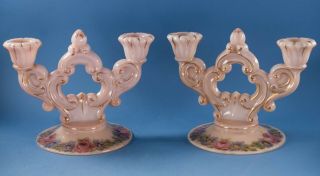 Cambridge Glass Crown Tuscan Charleton Rose Keyhold Double Candleholders Pair