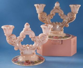 Cambridge Glass Crown Tuscan Charleton Rose Keyhold Double Candleholders Pair 2