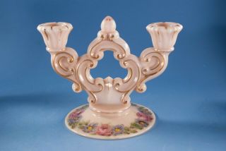 Cambridge Glass Crown Tuscan Charleton Rose Keyhold Double Candleholders Pair 5