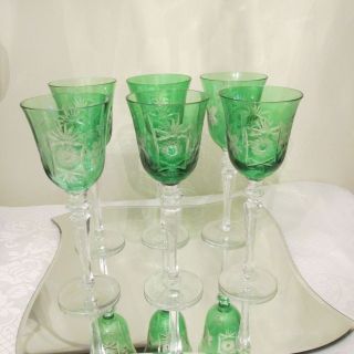 6 X Bohemian Green Cut To Clear Wine Glasses -