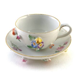 Antique German Meissen Miniature Flower Encrusted Porcelain Cup & Saucer