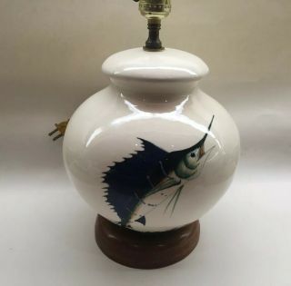 Rare Vintage Sailfish Sport Fishing Pottery Lamp Signed Ross 2
