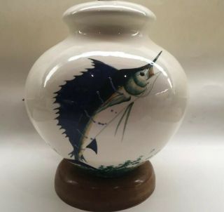 Rare Vintage Sailfish Sport Fishing Pottery Lamp Signed Ross 3