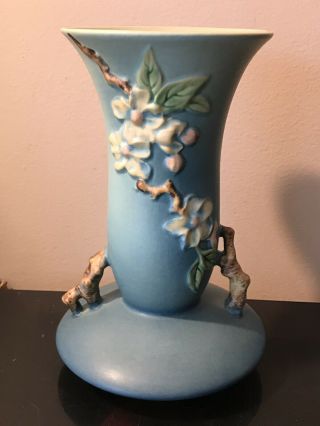 Vintage Roseville Usa Apple Blossom Blue Vase 388 - 10”