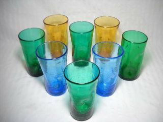 Set Of 8 Blenko Crackle Glass Pinched Tumblers Green,  Blue And Amber Hand Blown