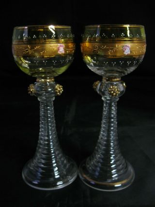 Antique Moser Art Glass 7 " Wine Goblets,  Matched Pair,  Bohemia C1900
