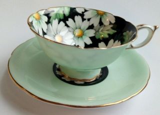 Vintage Paragon Large White Daisy Flowers Black Green Tea Cup Saucer Htf Rare