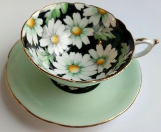 Vintage Paragon Large White Daisy Flowers Black Green Tea Cup Saucer HTF Rare 2