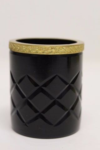 Vtg.  Murano Black Glass Cedenese Quilted Container W/ Gilt Brass Mountings 3 "