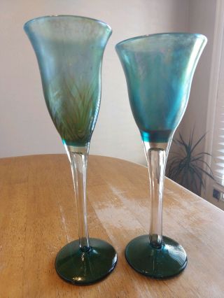 Paul Brown Signed Studio Art Glass Pulled Feather Iridized Goblets.  Set Of 2