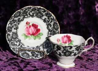 " Senorita " Royal Albert Cup & Saucer England Rose Black Lace Pattern Bone China