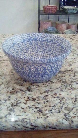 Rare Henn Pottery 12 " Extra Large Mixing Bowl Blue Spongeware Euc