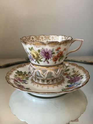 Antique Dresden Franziska Hirsch Demitasse Tea Cup Cased Saucer Handpainted