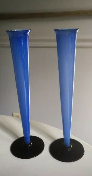 Gorgeous Pair Footed Czech Mauve Blue & Black Art Deco Glass Bud Vases