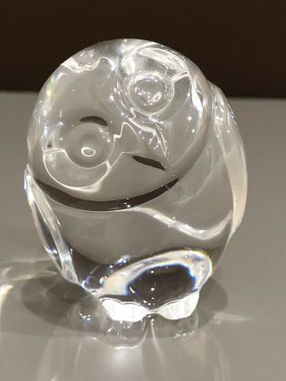 Vintage Signed Steuben Crystal Clear Glass Owl Hand Cooler Figurine Paperweight