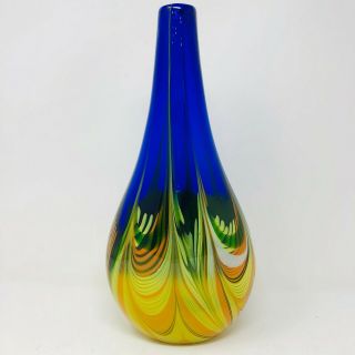 Vintage Kaleidoscope Art Glass Vase Blue Yellow Heavy Studio Handcraft Murano