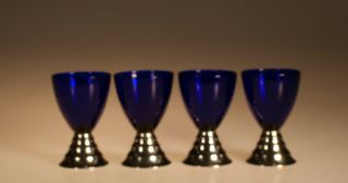 Vintage Chase Usa Cobalt Glass Cocktail Glasses Chromium Footed Signed C.  1935