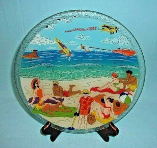Peggy Karr Fused Art Glass 11 - 1/4 " Summertime Beach Scene Plate Signed And Dated
