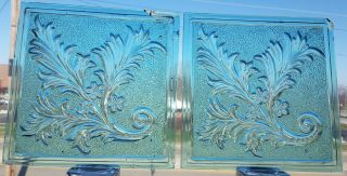 2 Vintage Stained Glass Window Panels - Light Blue Pressed Glass 5 " X 5 " 26