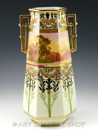 Antique Nippon Hand Painted Gold Gilded Moriage Scenic Porcelain 12 " Vase