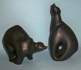 Pair Mid Century Modern Matte Black Bear Sculptures / Bell Pottery Of California