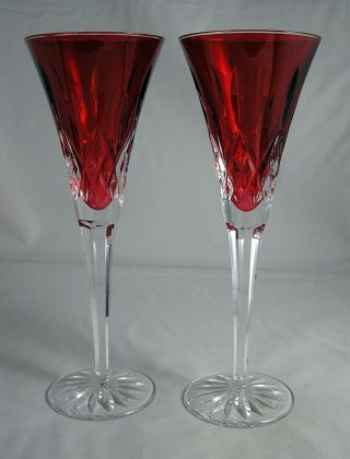 Pair Waterford Lismore Crimson Red Crystal Champagne Flutes Exc.