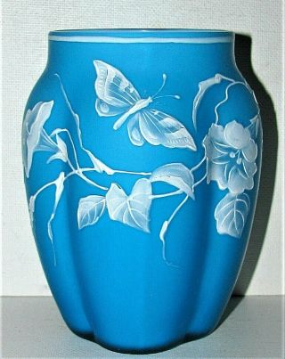 Thomas Webb Topaz Blue Cameo Art Glass Vase / Morning Glory Flowers & Butterfly