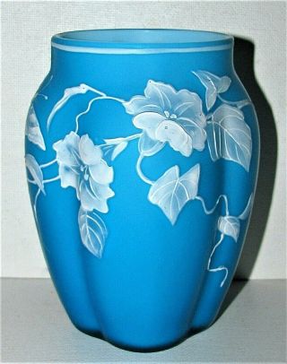 Thomas Webb Topaz Blue Cameo Art Glass Vase / Morning Glory Flowers & Butterfly 2