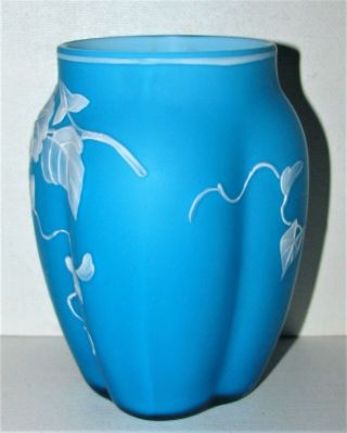 Thomas Webb Topaz Blue Cameo Art Glass Vase / Morning Glory Flowers & Butterfly 3