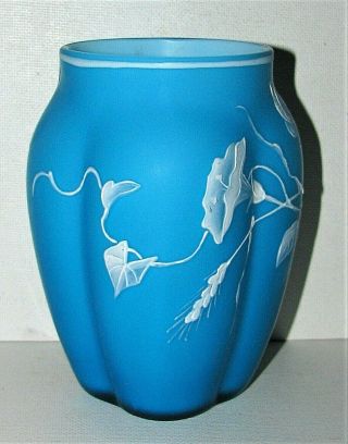 Thomas Webb Topaz Blue Cameo Art Glass Vase / Morning Glory Flowers & Butterfly 4