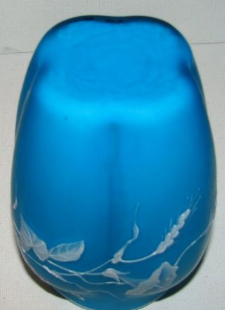 Thomas Webb Topaz Blue Cameo Art Glass Vase / Morning Glory Flowers & Butterfly 8