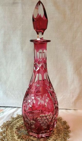 Vintage Bohemian Cranberry Cut To Clear Decanter With Stopper Grapes Stars