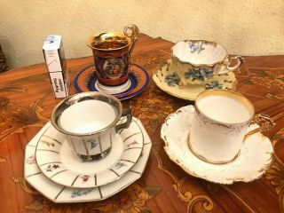 Vintage Very Large Mixed 4 Cups 4 Saucers Porcelain Coffee Set