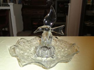 Vintage Cambridge Glass Chantilly Etched Large Center Bowl & Seagull Flower Frog