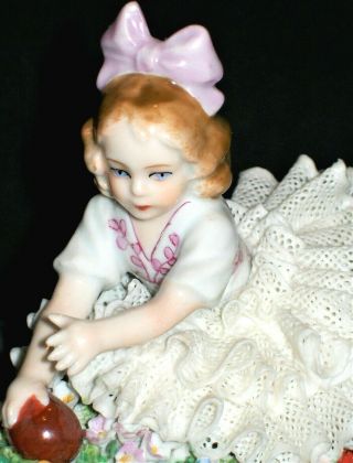 Antique German Dresden Lace Sitzendorf Girl Doll With Ball Porcelain Figurine