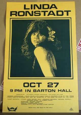 Vg,  Rare Linda Ronstadt Barton Hall Cornell Univ.  Fillmore Family Dog Era Poster