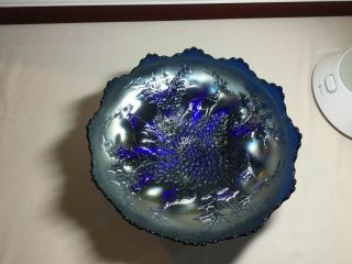 Blue Fenton Stag & Holly Antique Carnival Art Glass Large Ball Footed Bowl