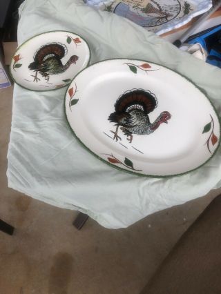 Blue Ridge Handpainted Turkey Large 17” Oval Turkey Platter & 10” Turkey Plate