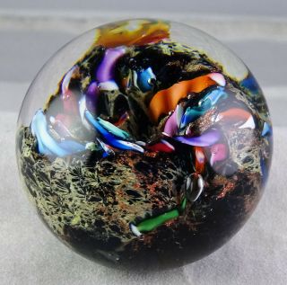 Spherical Signed Studio Art Glass Paperweight Multi - Colored Organic Look