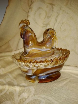 Vintage Imperial Glass Caramel Slag Rooster On Nest