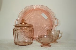 Mayfair (open Rose) Pink Flat Cake Plate,  Cookie Jar With Lid,  And Creamer/sugar