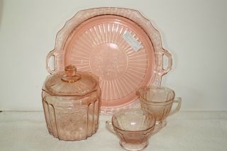 Mayfair (Open Rose) pink Flat Cake Plate,  Cookie Jar with Lid,  and Creamer/Sugar 2