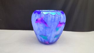 Gibson Cameo Iridescent Dolphins Vase Signed T Gibson