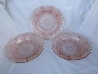3 Jeanette Pink Cherry Blossom Depression Glass 7 3/4 " Flat Soup Bowls