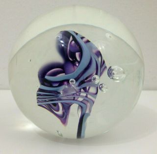 Alloway Glass Paperweight Purple Swirls Clear Ball 3 " Diameter Signed Vtg 1992